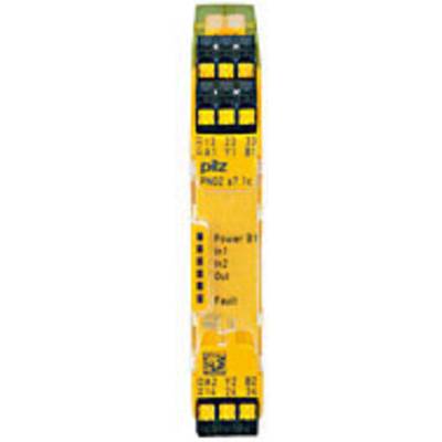 Sicherheitsrelais, gelb, mit schwarzen Markierungen und mehreren LED-Anzeigen, die 'Power', 'In1', 'In2', 'Out', und 'Fault' anzeigen.