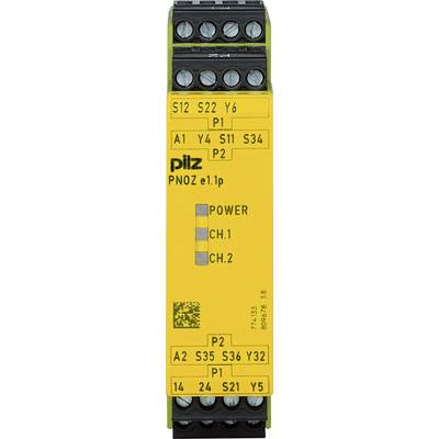 Gelbes Sicherheitsrelais 'Pilz PNOZ e1.1p' mit Anschlussklemmen oben und unten, LED-Statusanzeigen für Power und Kanäle CH.1 und CH.2.