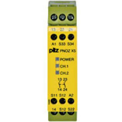 'Sicherheitsrelaismodul PNOZ X5, 24V DC, mit gelbem Gehäuse und grüner Leuchtanzeige für Power, CH1, CH2. Klemmen oben verfügbar.'