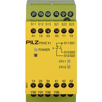 Gelbes Sicherheitsrelais-Modul mit Aufschrift 'PILZ P2HZ X1', grüner Oberseite, mehreren Anschlussklemmen und Kontrollleuchten für Kanäle CH.1 und CH.2.