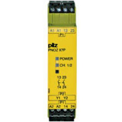 Gelbes Sicherheitsrelais mit Bezeichnung 'PNOZ X7P', zeigt Statusanzeigen für 'Power' und 'CH 1/2'. Hauptanschlüsse oben und unten.