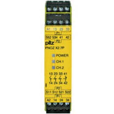 Ein Sicherheitsrelais mit gelbem Gehäuse, mehreren Anschlussklemmen oben und unten, und LEDs zur Anzeige von Power und Kanälen CH1 und CH2.