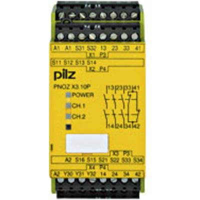 Gelbes Sicherheitsrelais mit mehreren Anschlussklemmen für industrielle Anwendungen, Markenname 'pilz' sichtbar.