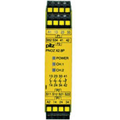Gelbes Relais-Modul mit schwarzen und blauen Elementen. Aufschrift: 'Pilz', 'PNOZ X2.8P'. Anzeigen: 'Power', 'CH1', 'CH2'.