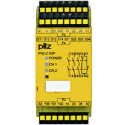 Gelbes Sicherheitsrelais mit Aufschrift 'pilz' und Modell 'PNOZ X3P'. Markierungen für Power, CH.1, CH.2 und Anschlussklemmen sichtbar.