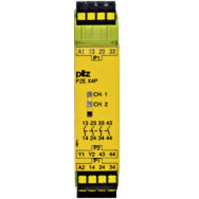Abgebildet ist ein gelbes elektronisches Modul mit Beschriftungen 'PZE X4P', zwei Kanälen und Anschlüssen. Es gehört zur Industriesteuerung.