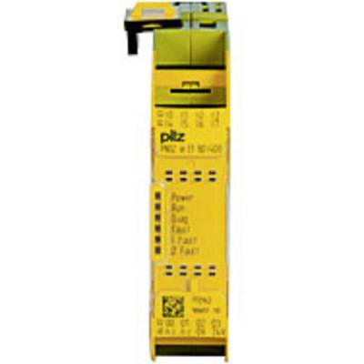 'Not-Aus-Modul, gelb, mit mehreren LED-Anzeigen für Power, Run, Out, E-Stop. Herstellername aufgedruckt. Verwendet in Sicherheitssteuerungen.'