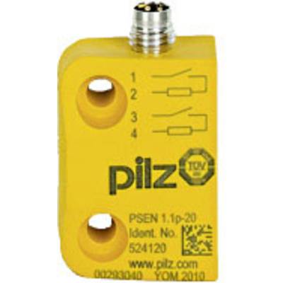 Gelber Sicherheitsschalter von Pilz mit Steckanschluss oben, Kennzeichnung 'PSEN 1.1p-20', Prüfzertifikat, Produktionsjahr 2019.