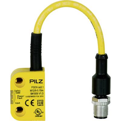 Gelbes PILZ-Sicherheitssensormodul mit angebrachtem gelbem Kabel und Metallstecker, dargestellt auf weißem Hintergrund.