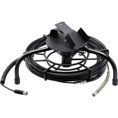 Ein Kabelrollständer mit schwarzem Kabel und Metallständer. Am Kabelende befinden sich ein Stecker und ein zylinderförmiger Sensor.