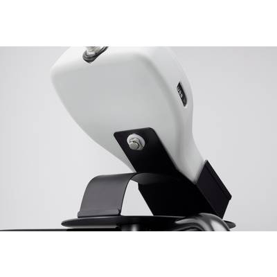 Ein Scheinwerfer mit modernem Design, montiert auf einem schwarzen Halter. Der weiße Körper hat eine ovale Form mit einem Metallschalter.