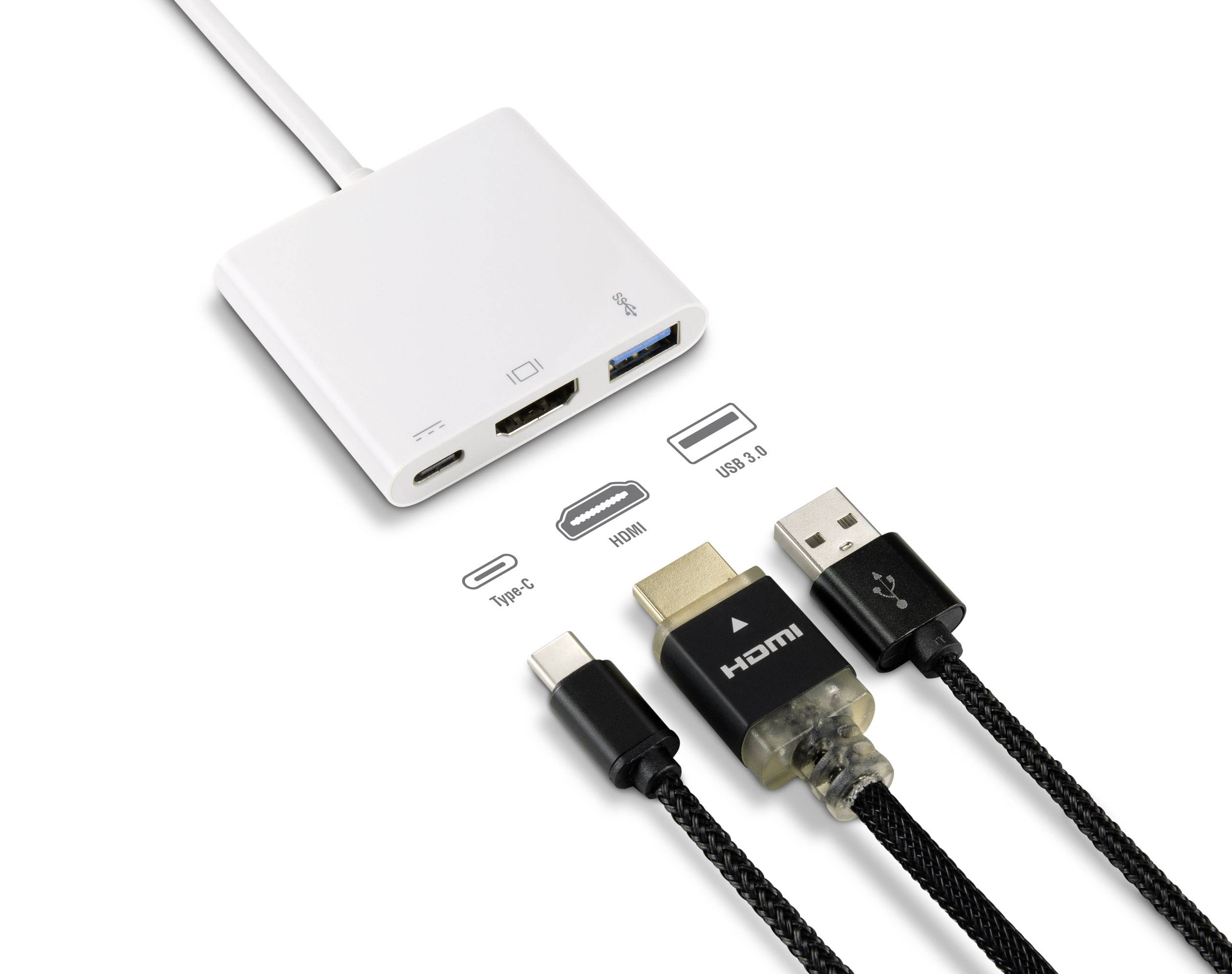 Ein Adapter-Hub mit Anschlüssen für USB-C, HDMI und USB 3.0, dargestellt mit drei entsprechenden Kabeln darunter.