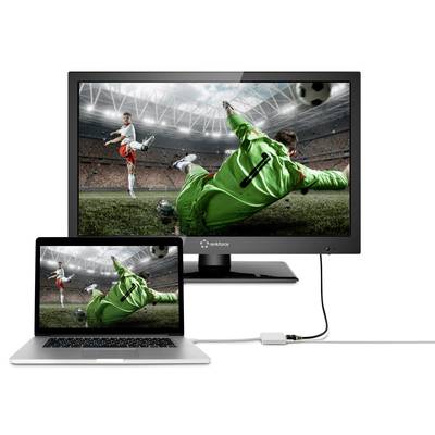 Ein Laptop und ein Monitor zeigen das gleiche Bild: Ein Fußballspieler schießt auf das Tor, während der Torwart in der Luft ist.