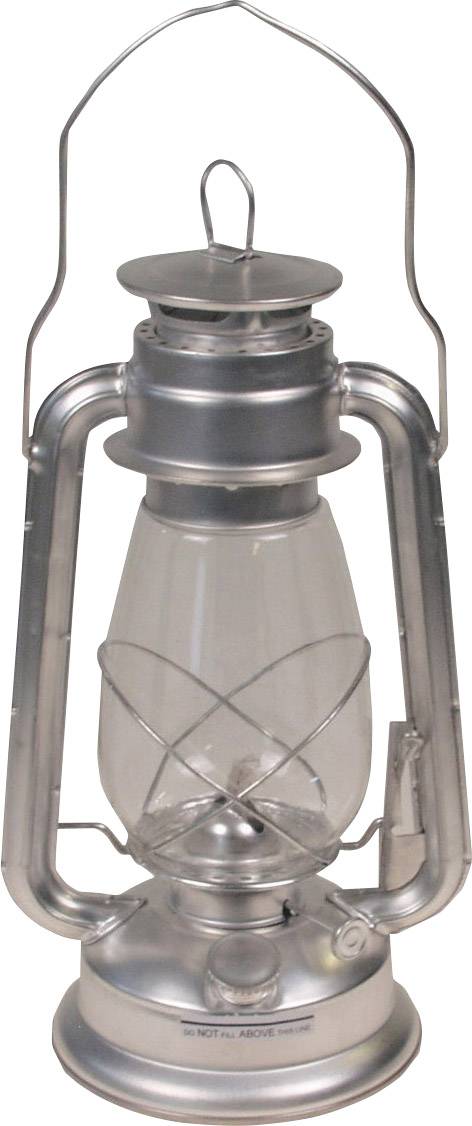 Eine silberne Petroleumlampe aus Metall mit Glaszylinder und Griff.