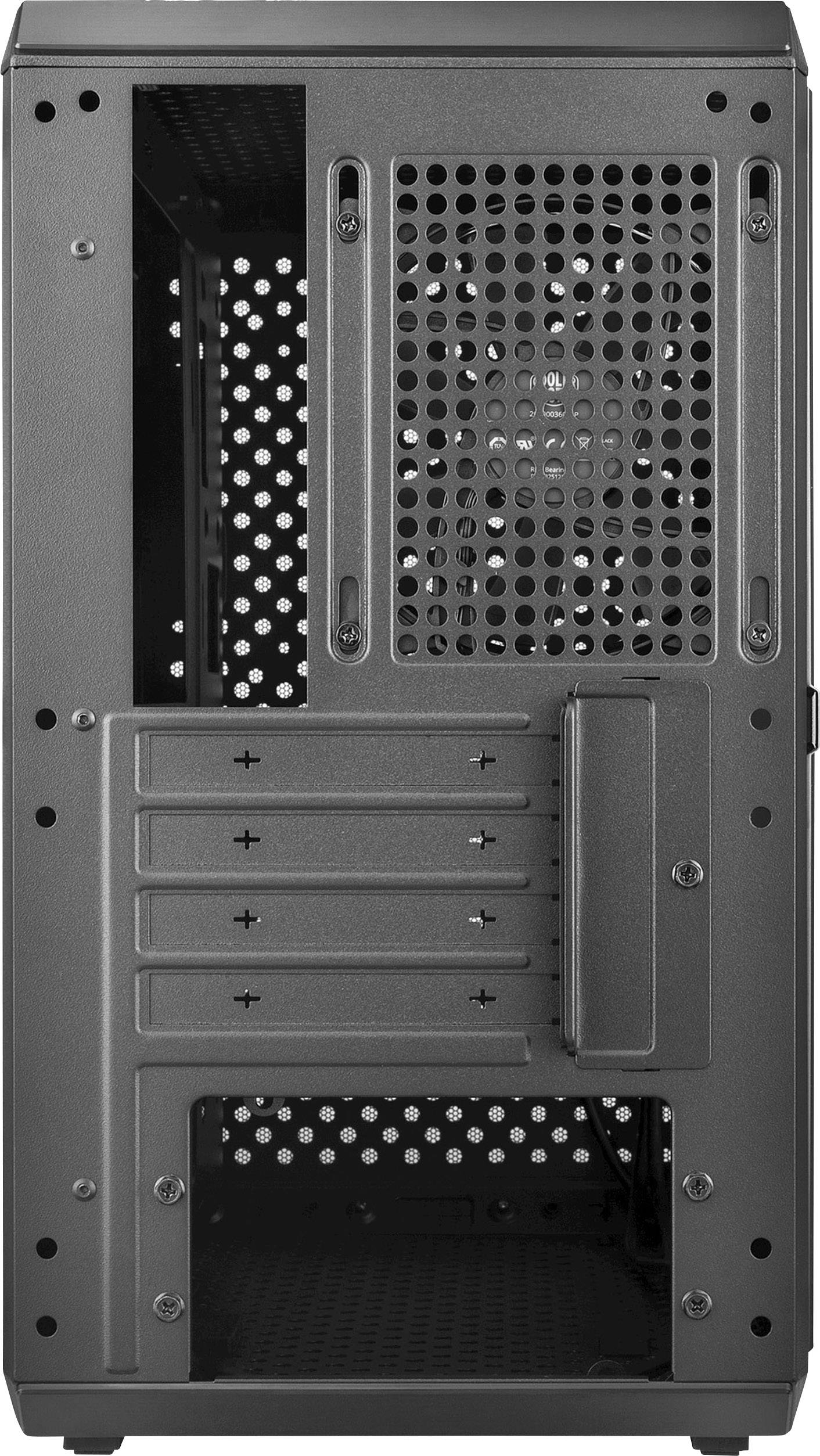 Einige Erweiterungsschächte an der Rückseite eines Computerturms, geeignet für zusätzliche Karten und Komponenten, mit Belüftungsschlitzen.