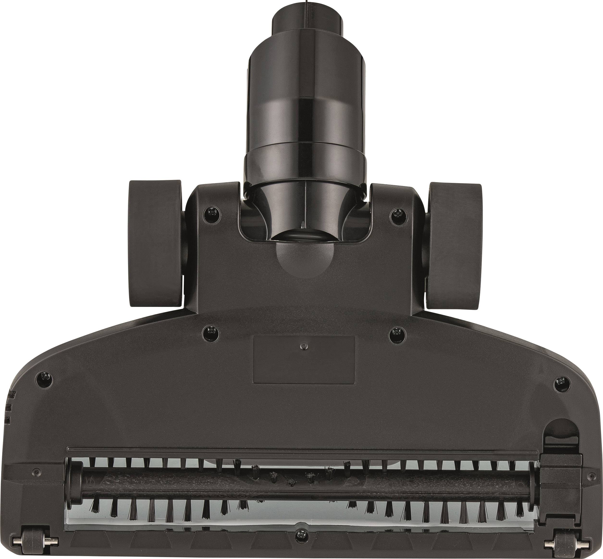 Unterseite einer schwarzen Staubsaugerdüse mit rotierender Bürste und Rädern, geeignet für die Reinigung von Böden.