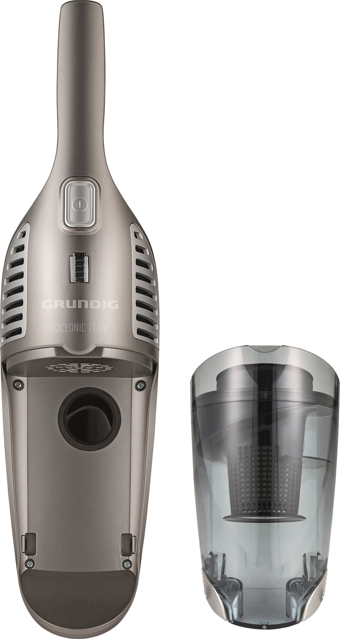 Ein kabelloser Handstaubsauger in Metalloptik mit entfernbarer Staubbehältereinheit.