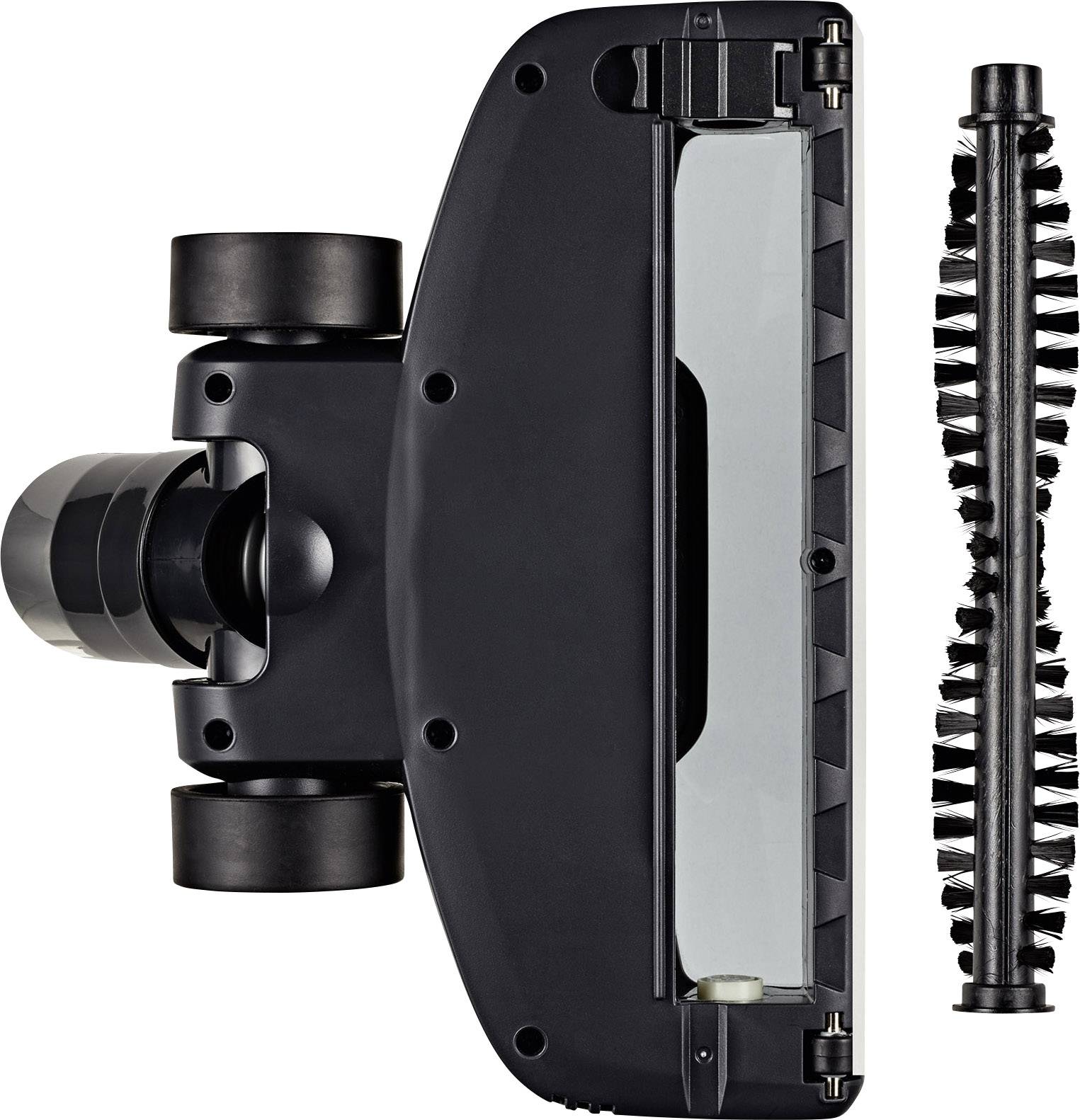 Staubsaugerbürste mit abnehmbarem Bürstenrollenaufsatz, Darstellung der Unterseite zur Ansicht der Räder und Borsten.