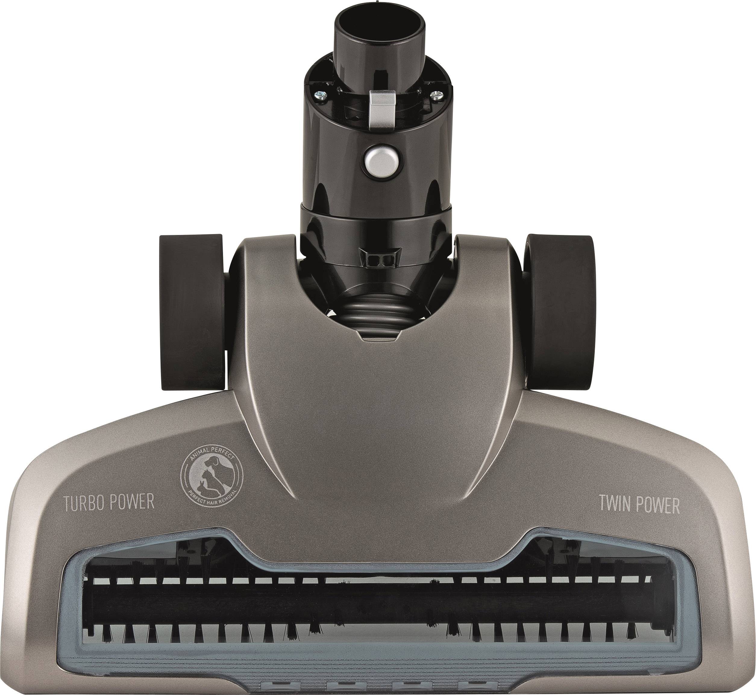 Graue Staubsaugerdüse mit hervorstehender Bürstenwalze und seitlichen Rädern, beschriftet mit 'Turbo Power' und 'Twin Power'.
