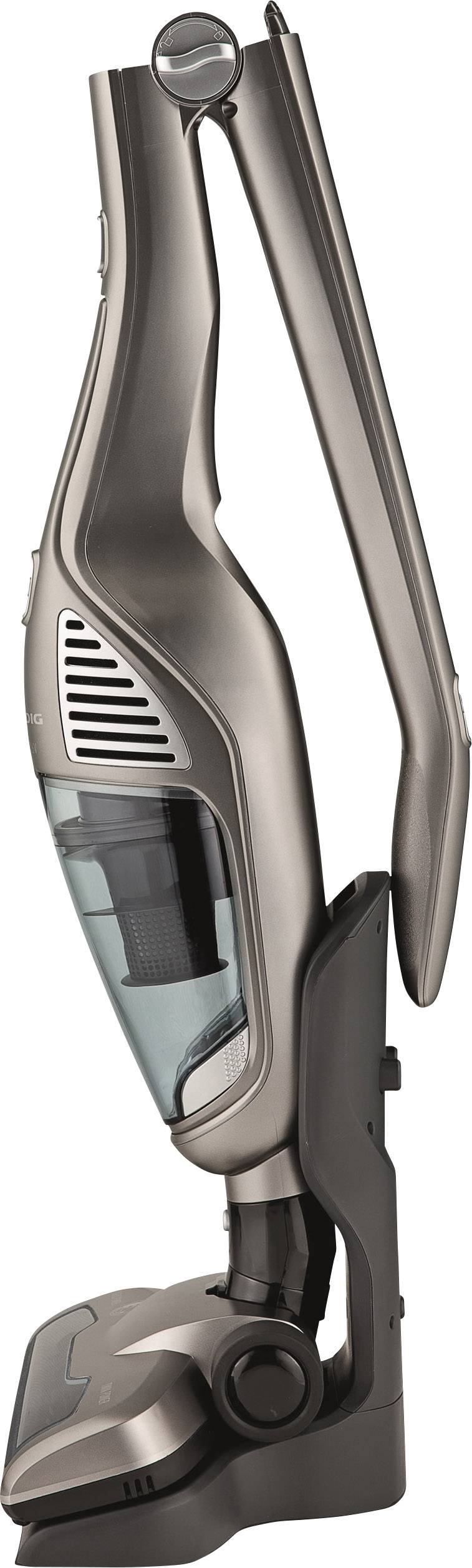 Ein kabelloser, silberner Staubsauger in aufrechter Position. Geeignet für Teppiche und Böden. Ergonomisches Design für einfache Handhabung.