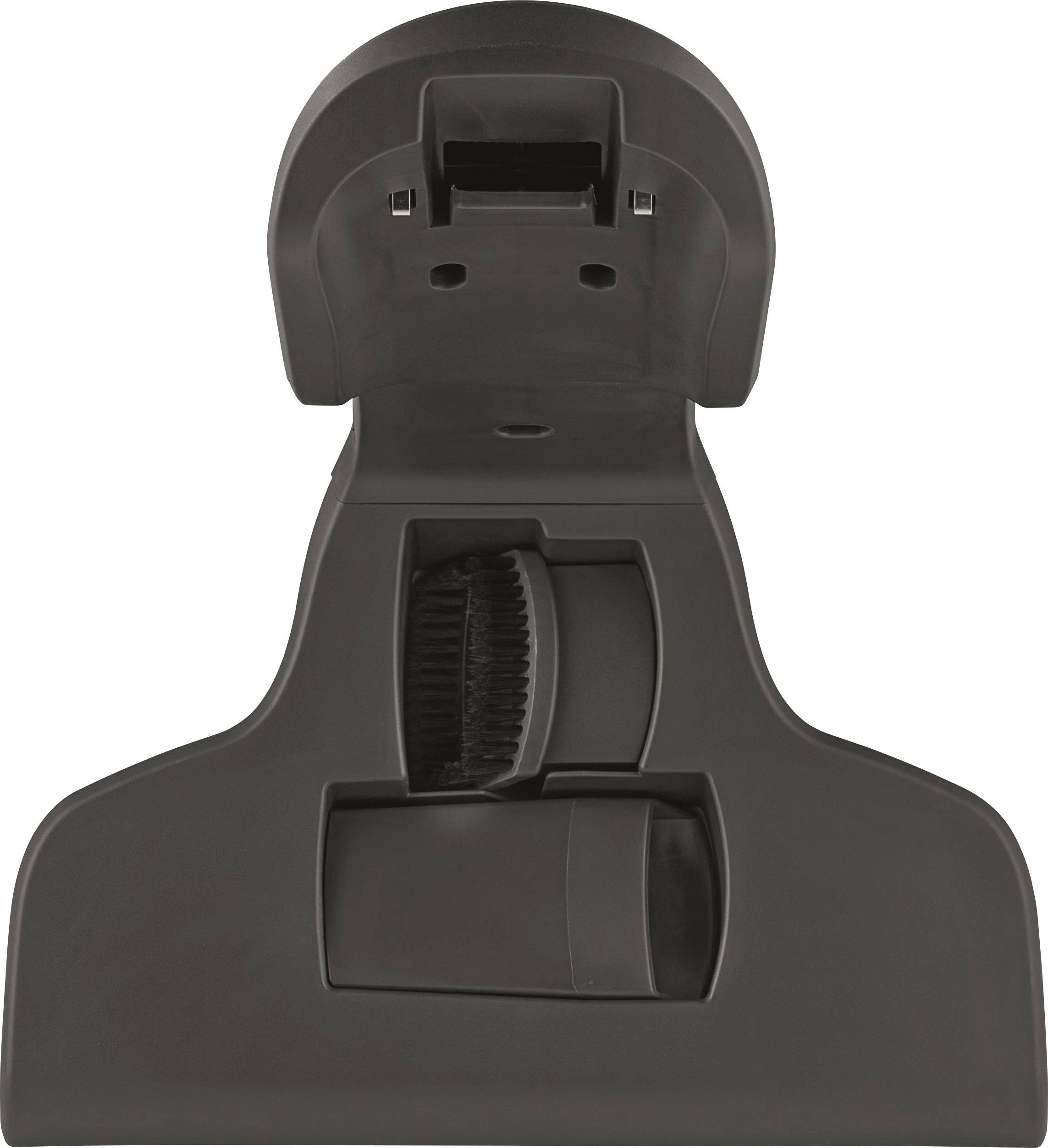 Alttext: Nahaufnahme eines dunklen Staubsaugeraufsatzes mit integrierter Bürste, von oben betrachtet.