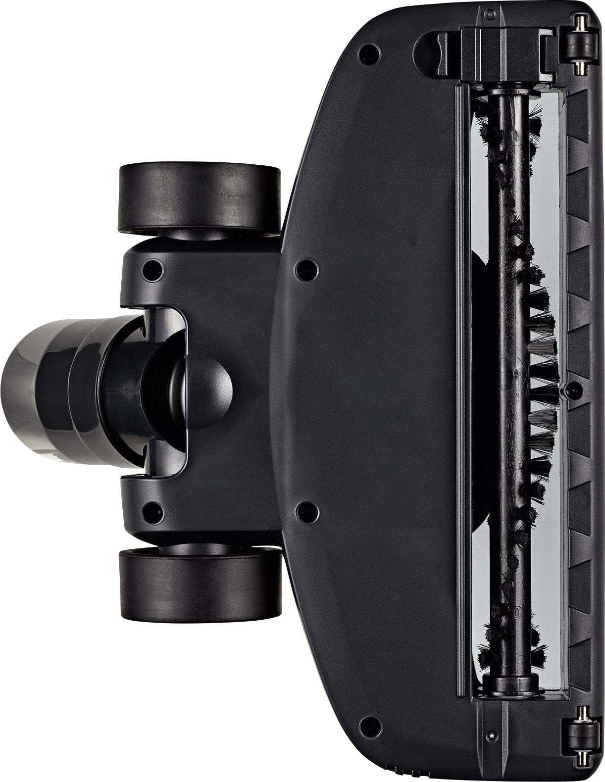 Schwarzer Bürstenaufsatz eines Staubsaugers mit Rollen und Bürstenreihe, zeigt die Unterseite des Geräts.