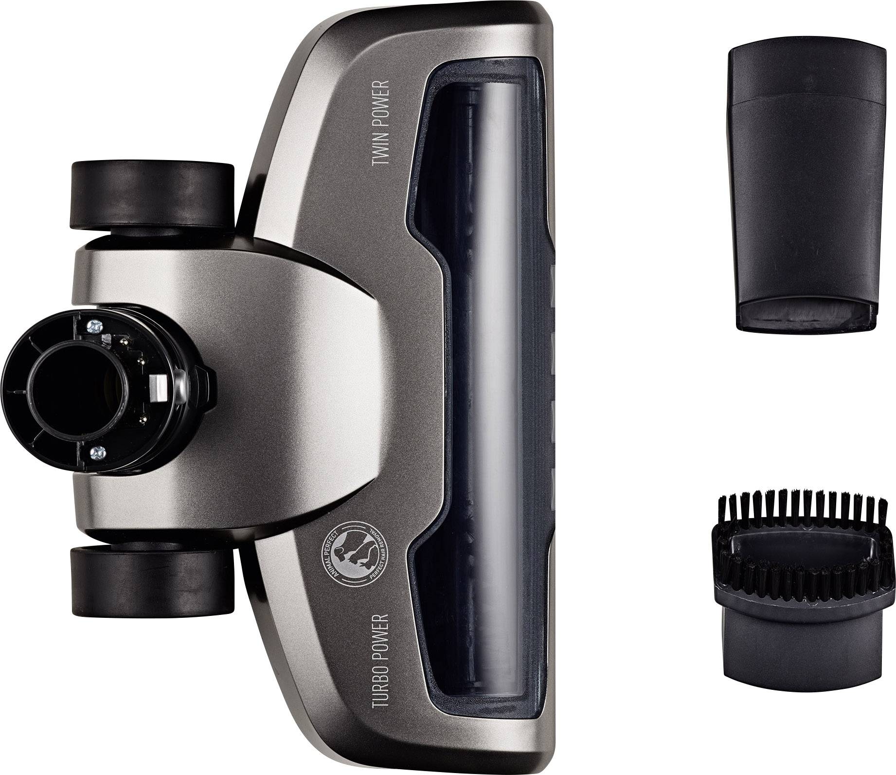 Bodenbürstenkopf eines Staubsaugers mit zwei Zubehörteilen: ein glatter Adapter und eine Bürstenaufsatz. Geeignet für verschiedene Reinigungsanforderungen.