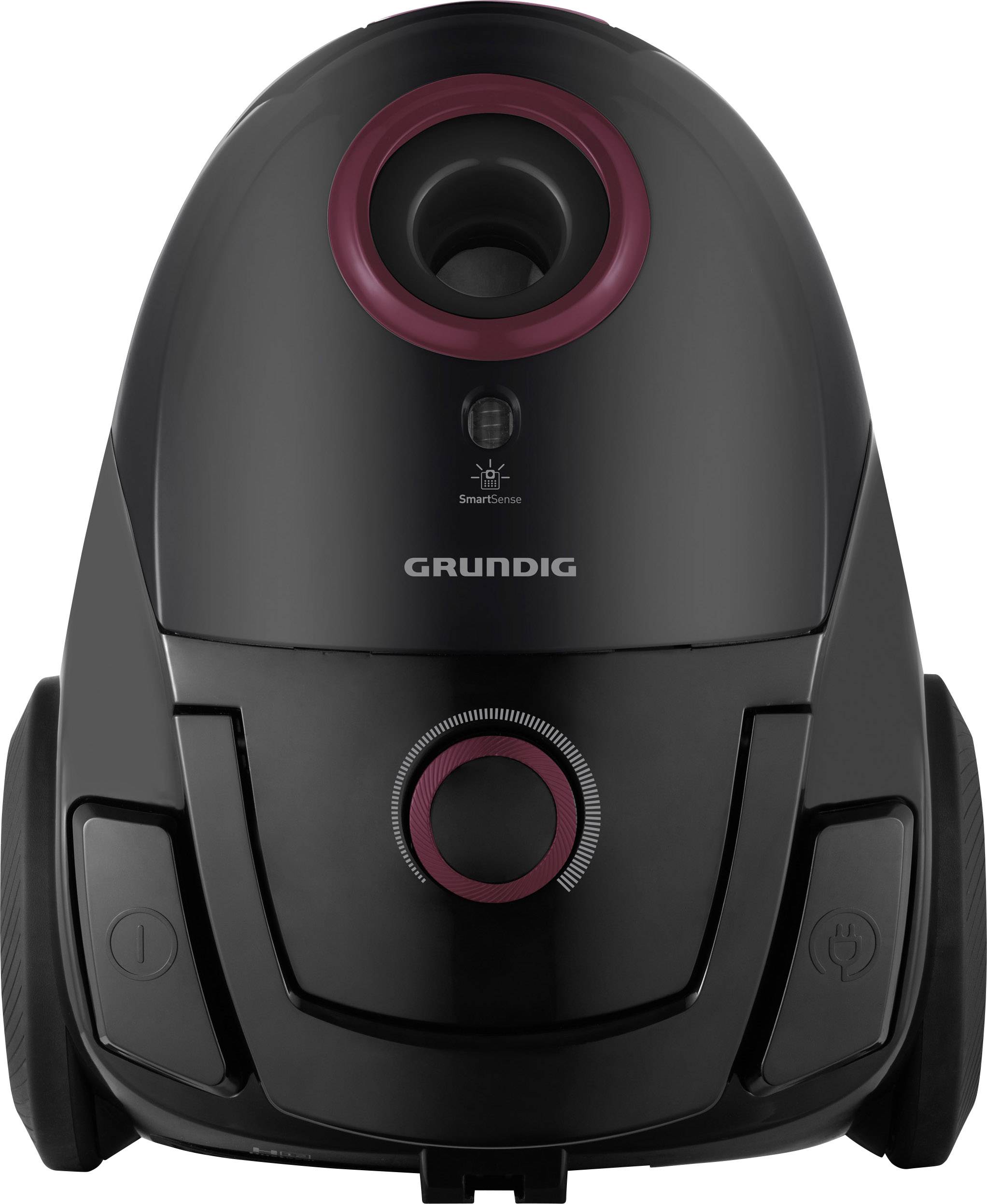 Schwarzer Staubsauger von Grundig, Vorderansicht mit roten Akzenten und sichtbaren Steuerungstasten.