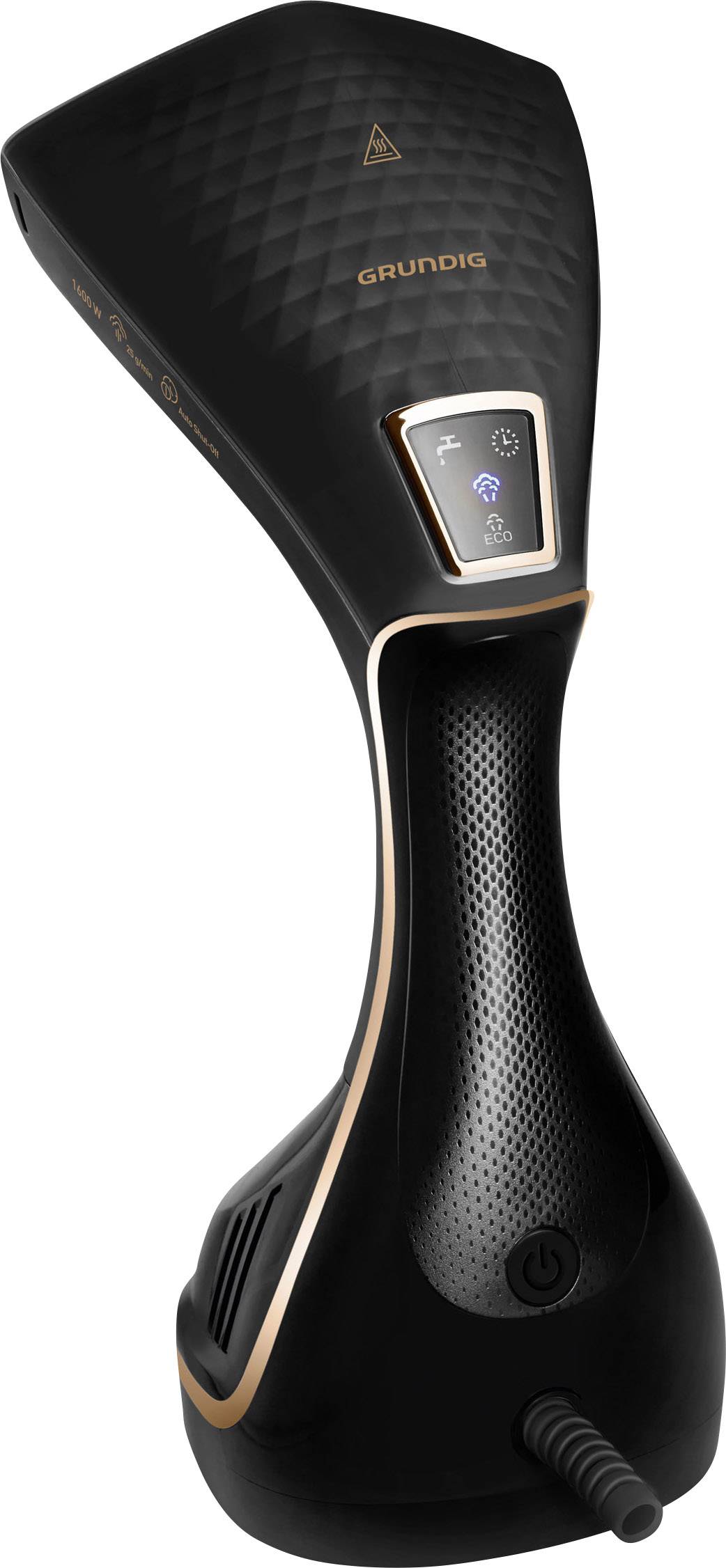 Schwarzes Dampfbügeleisen der Marke Grundig mit gebogenem Griff und goldenen Details. LED-Display zeigt Symbole für Dampf- und Temperatureinstellungen.