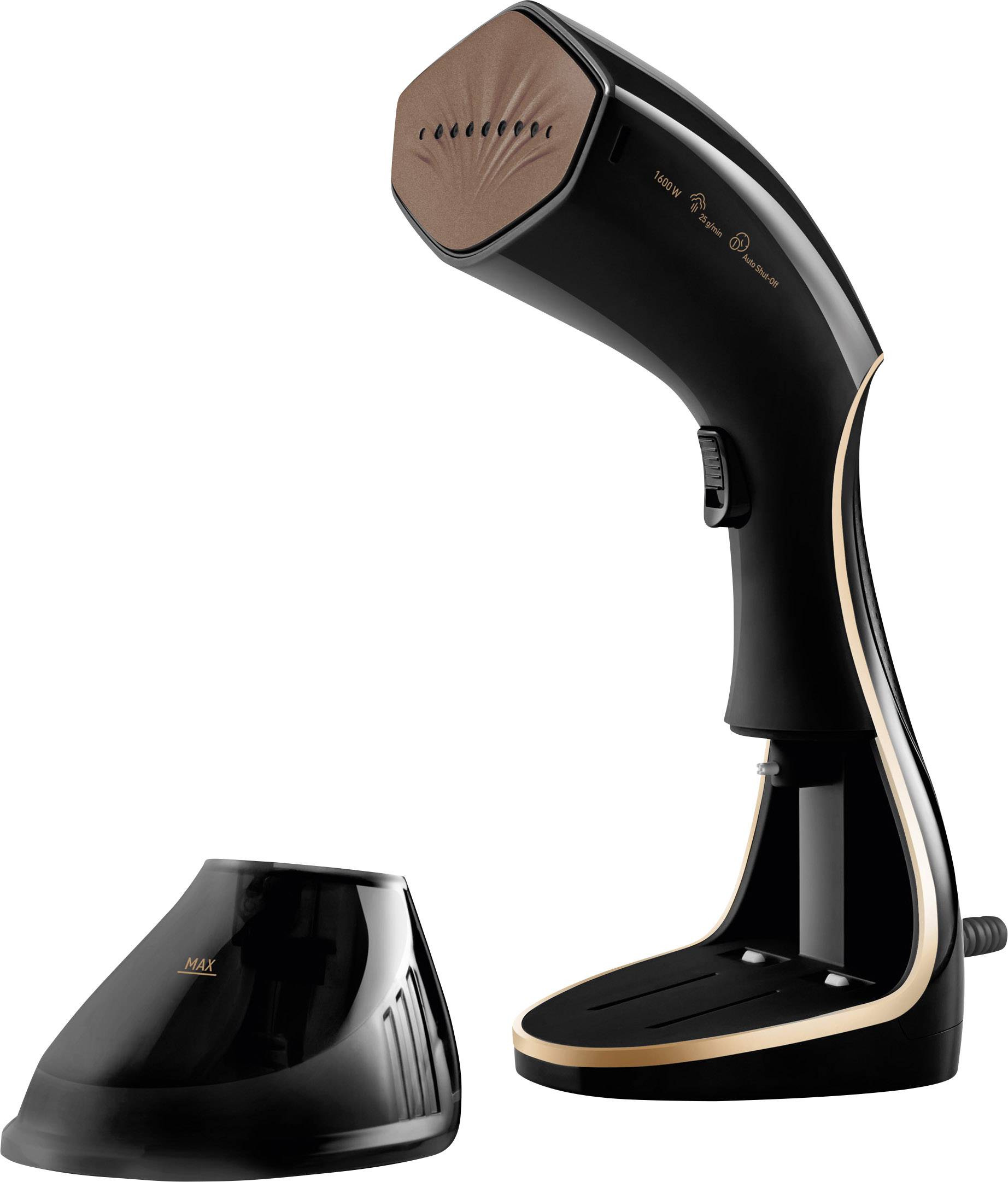 Dampfbürste in Schwarz mit goldenen Akzenten. Neben der Bürste steht eine separate Basisstation. Ideal zum schnellen Glätten von Kleidungsstücken.