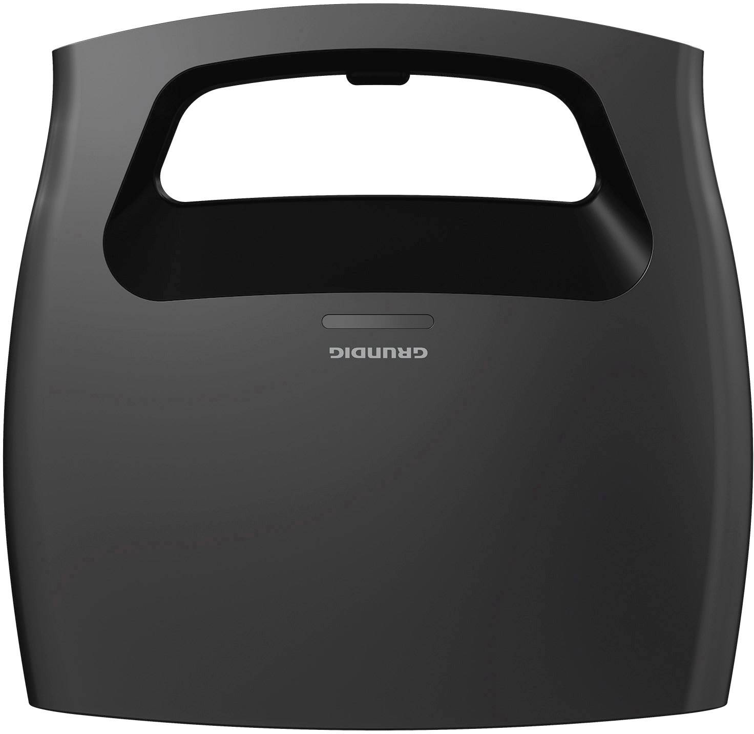 Ein schwarzer 'Grundig'-Staubsauger-Roboter von oben, mit einem Griff in der Mitte. Modernes, minimalistisches Design.