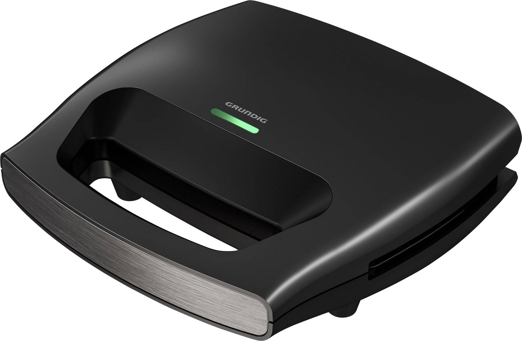 Ein schwarzer Sandwichtoaster auf weißem Hintergrund. Das Gerät hat ein schlichtes Design mit einem Griff an der Oberseite.