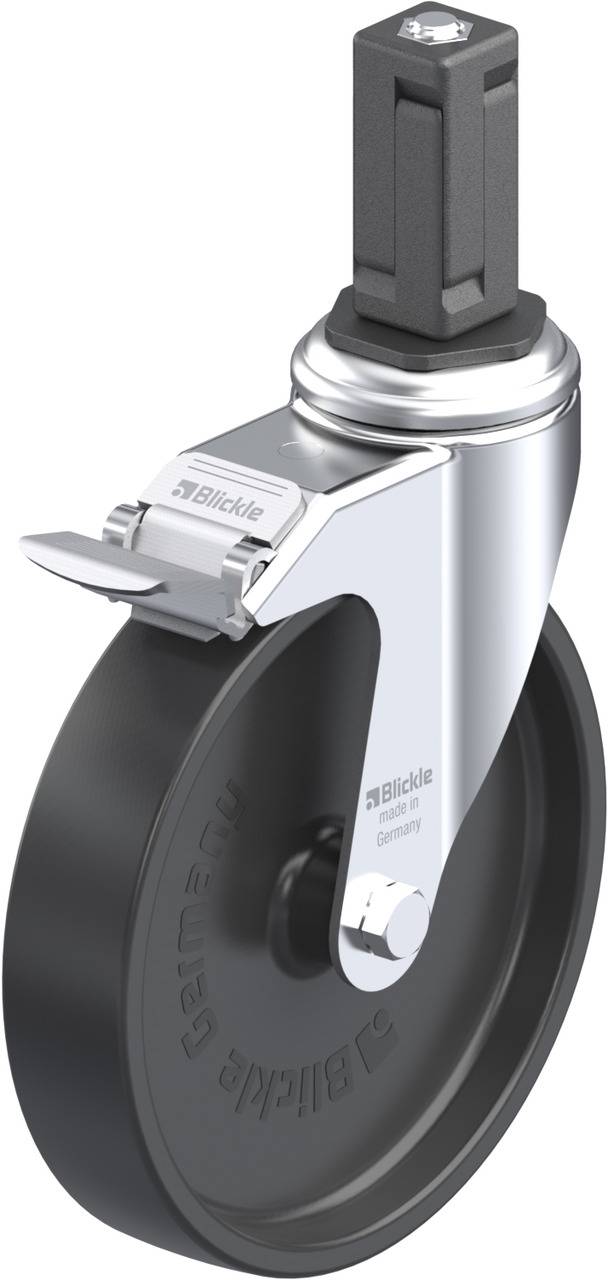'Rollenrad mit schwarzem, stabilem Metallgehäuse und integriertem Stift zur Befestigung. Geeignet für industrielle Anwendungen.'