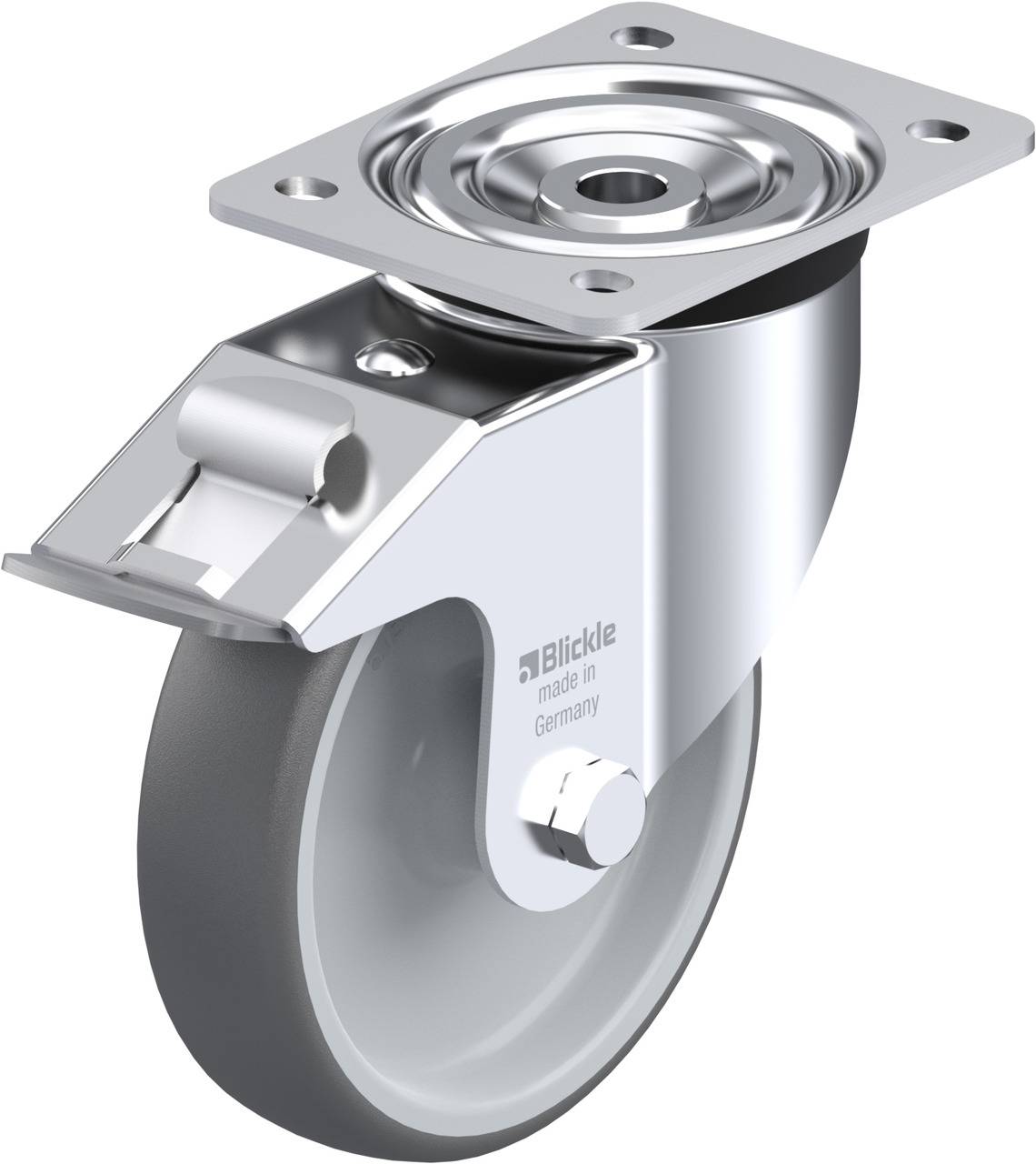 Schwenkrolle aus Metall und Gummi mit einer rechteckigen Montageplatte oben; genutzt für Möbel oder Gerätebeweglichkeit.