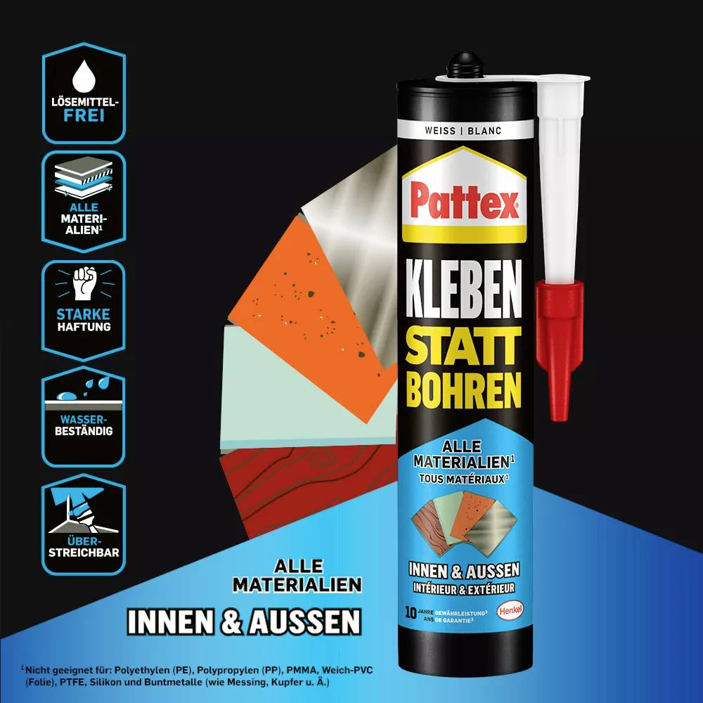 'Pattex Kleben statt Bohren' Klebstoff. Geeignet für alle Materialien, innen und außen. Lösemittelfrei, starke Haftung, wasserbeständig.