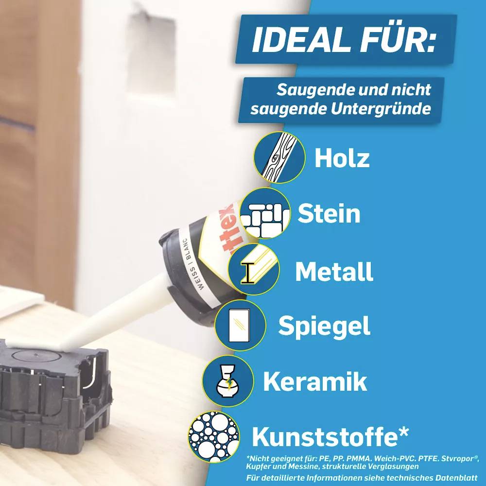 Ein Kleber wird auf eine schwarze Oberfläche aufgetragen. Im Hintergrund stehen ideale Anwendungen 'Holz, Stein, Metall, Spiegel, Keramik'.