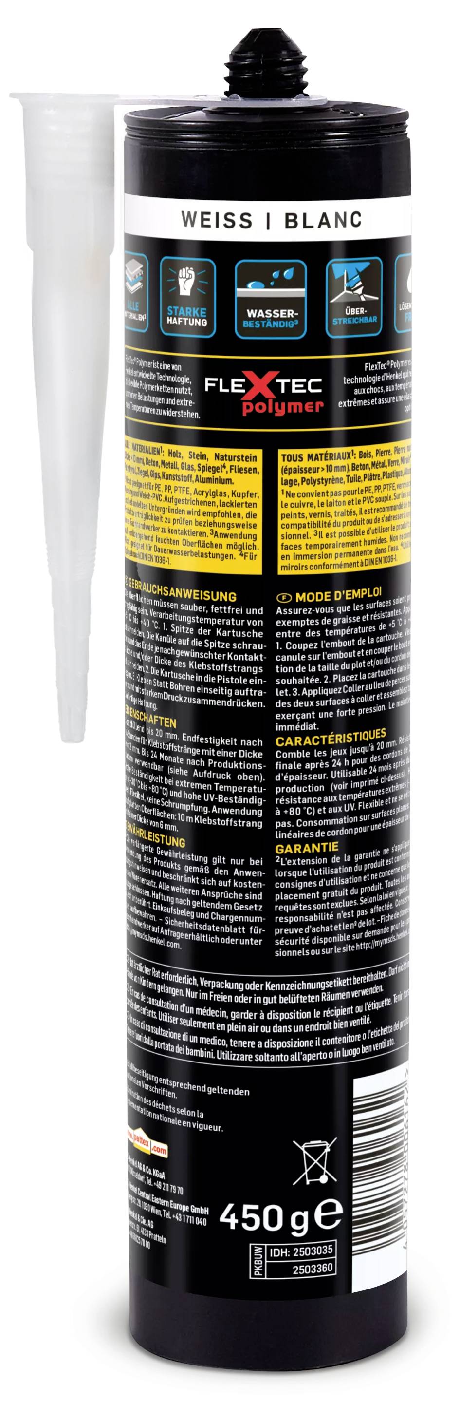 Kartusche eines Klebstoffs, schwarz mit weißem Aufsatz. Enthält 450 g. Auf der Verpackung sind Sicherheitshinweise und Produktinformationen. Geeignet für verschiedene Materialien.
