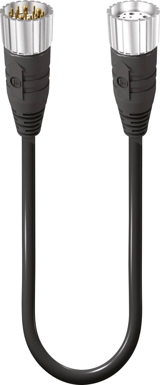 'Ein schwarzes Kabel mit zwei runden Steckverbindern, eines mit goldenen Pins, das andere mit silbernen Kontakten.'