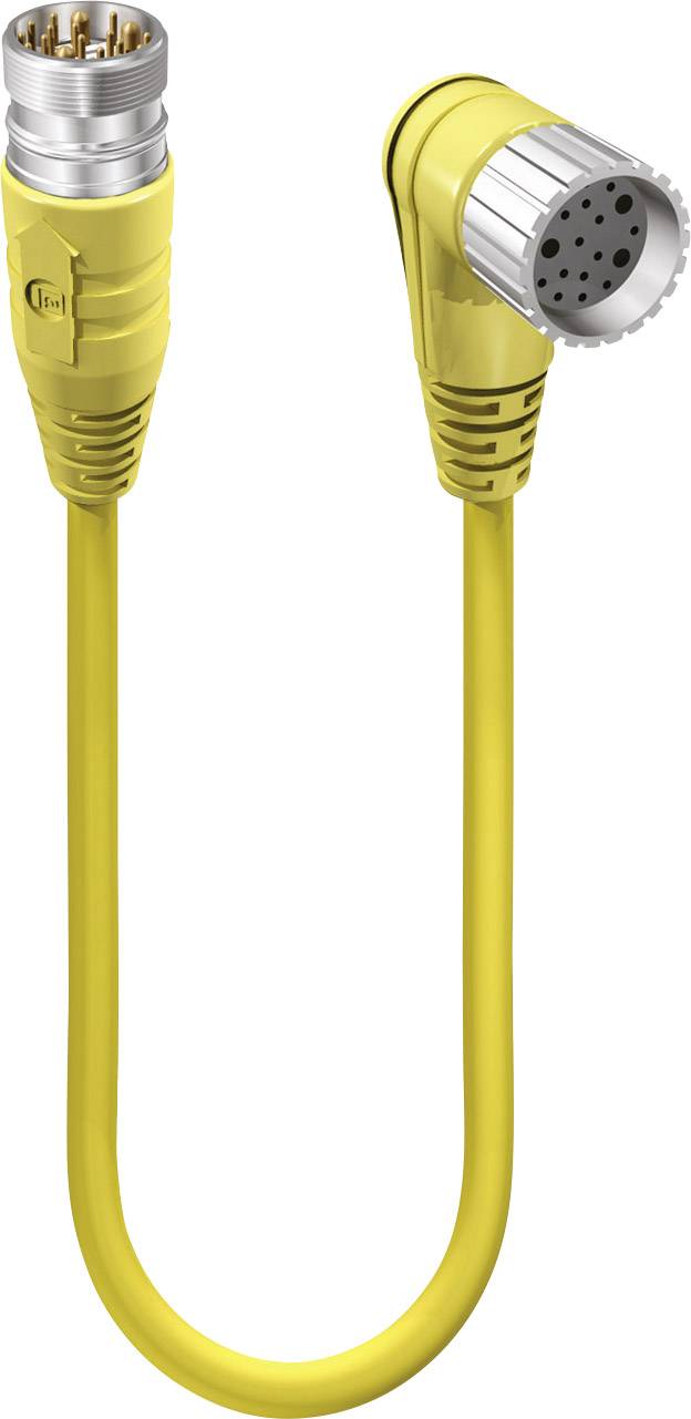 Ein gelbes Kabel mit zwei unterschiedlich geformten Steckern, geeignet für industrielle Anwendungen.