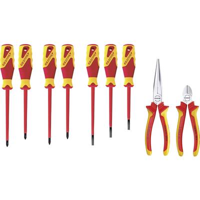 Ein Satz von sechs isolierten Schraubendrehern und zwei Zangen, geeignet für elektrische Arbeiten, in Rot und Gelb.