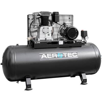 Schwarzer Kompressor mit 'Aero Tec'-Logo auf dem Tank, Metallgehäuse oben mit motor- und pumpähnlichen Komponenten.