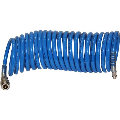Eine blaue Spiralschlauchleitung mit Metallanschlüssen an beiden Enden, geeignet für Druckluftsysteme.