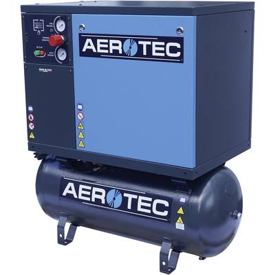 Luftkompressor von Aerotec mit blauem Gehäuse, Druckanzeige und rotem Schalter, montiert auf einem schwarzen Tank.