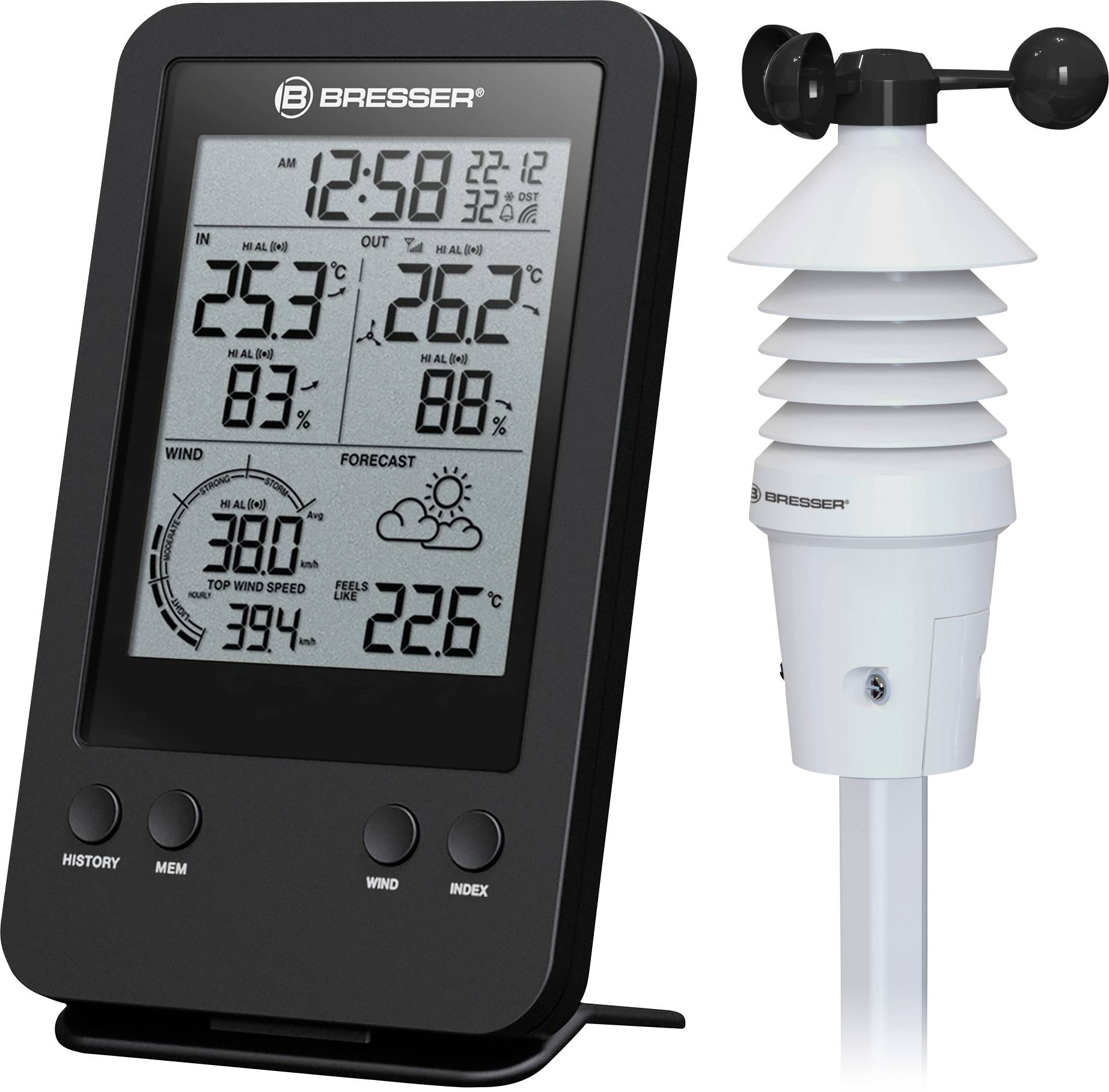 BRESSER Optik Profi Windmesser 3-in-1 7002531 Funk-Wetterstation Vorhersage für 12 bis 24 Stund