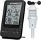 Digitales Wetterstation-Display zeigt Uhrzeit, Temperatur, Luftfeuchtigkeit und Windgeschwindigkeit. Sensor mit Anemometer daneben.