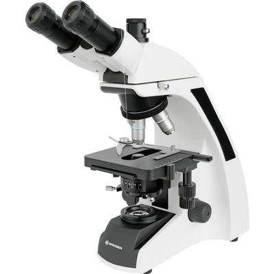 Ein Mikroskop mit zwei Okularen und mehreren Objektiven, weiß-schwarzes Design, wird für wissenschaftliche Untersuchungen verwendet.