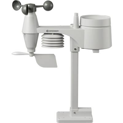 Eine digitale Wetterstation mit Windmesser, Thermometer und Regenmesser auf einem Standfuß zur Messung von Wetterdaten.