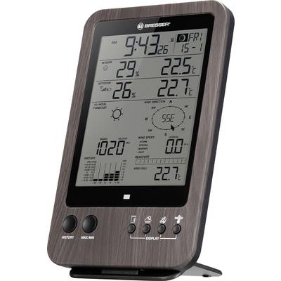 Digitale Wetterstation mit Uhrzeit '9:43', Innentemperatur 22,5°C, Außentemperatur 22,7°C, Luftfeuchtigkeit innen 29%, außen 26%, Wettervorhersage, Windrichtung und -geschwindigkeit.