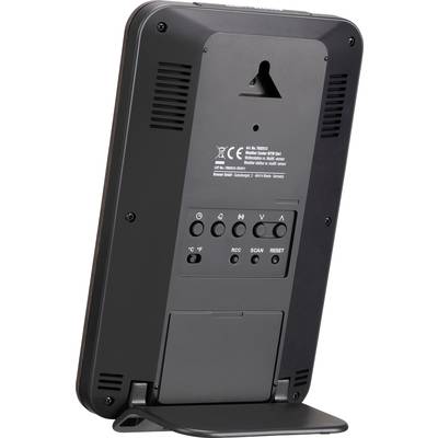 Rückseite eines elektronischen Geräts mit Bedienelementen und Beschriftungen. Enthält CE-Zeichen und verschiedene Einstellknöpfe.