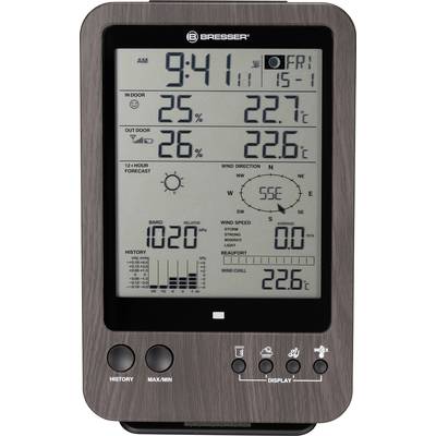 Digitale Wetterstation zeigt Uhrzeit, Datum, Innen- und Außentemperatur, Luftfeuchtigkeit, Luftdruck, Windrichtung und -stärke.